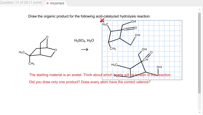 Draw the organic product for the following acid-catalyzed hydrolysis reaction